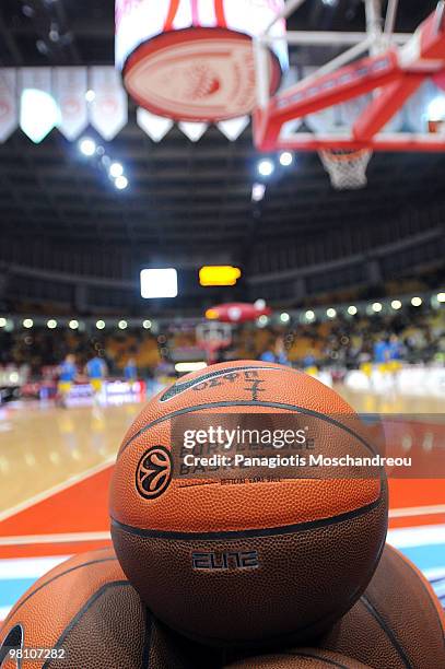 Ball of the Euroleague Basketball 2009-2010 Play Off Game 2 between Olympiacos Piraeus vs Asseco Prokom Gdynia at Peace and Friendship Stadium on...