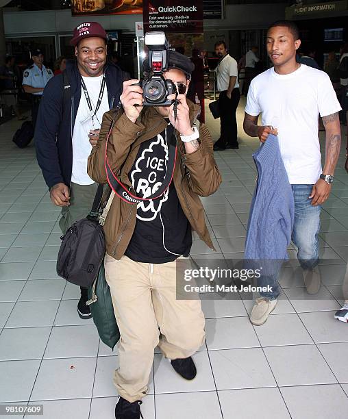 Shay Haley, Chad Hugo and Pharrell Williams of the band NERD are sighted arriving at Perth Airport on March 1, 2009 in Perth, Australia.