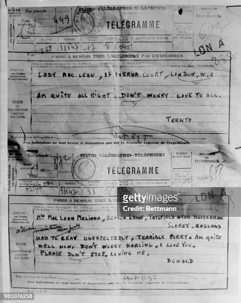 The French Ministry has released the telegram reportedly sent by Donald MacLean, one of the two British diplomats missing in Europe.