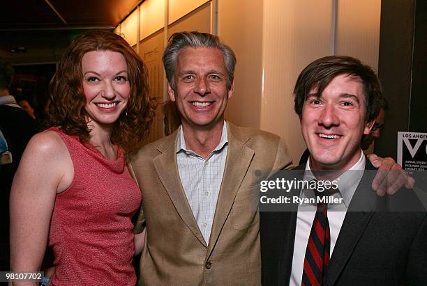 Cast member Andrea Frankle, CTG Artistic Director Michael Ritchie and cast member Carson Elrod pose during the party for the opening night...
