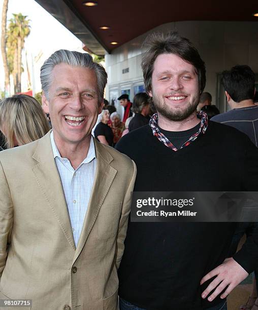Artistic Director Michael Ritchie and his son actor Morgan Ritchie pose during the arrivals for the opening night performance of "The Wake" at the...