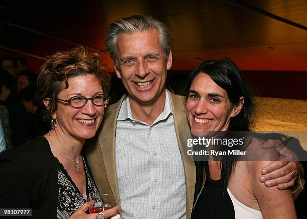 Playwright Lisa Kron, CTG Artistic Director Michael Ritchie and Director Leigh Silverman pose during the party for the opening night performance of...