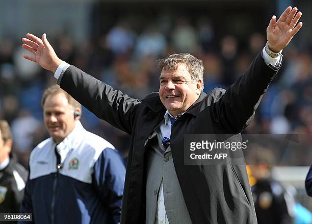 Blackburn Rovers' English manager Sam Allardyce celebrates at the final whistle after his side beat Burnley 1-0 during the English Premier League...
