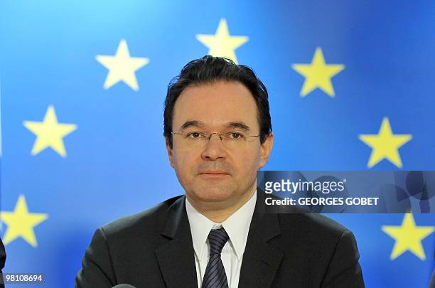 Greek Finance Minister Georgios Papaconstantinou gives a press conference on March 16, 2010 at the end of an Economy and Finance Council meeting at...