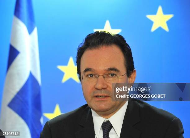 Greek Finance Minister Georgios Papaconstantinou gives a press conference on March 16, 2010 at the end of an Economy and Finance Council meeting at...