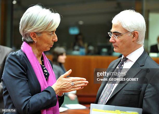 French Finance Minister Christine Lagarde talks with British Chancellor of the Exchequer Alistair Darling on March 16, 2010 before the start of an...