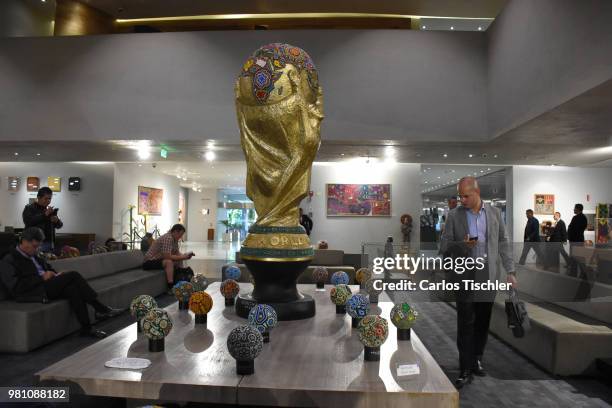 Sculpture of the FIFA World Cup is displayed during the Huichol Art Biennial at Hotel Presidente Intercontinental on June 20, 2018 in Mexico City,...