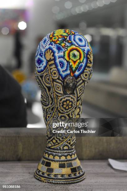 Sculpture of the FIFA World Cup is displayed during the Huichol Art Biennial at Hotel Presidente Intercontinental on June 20, 2018 in Mexico City,...