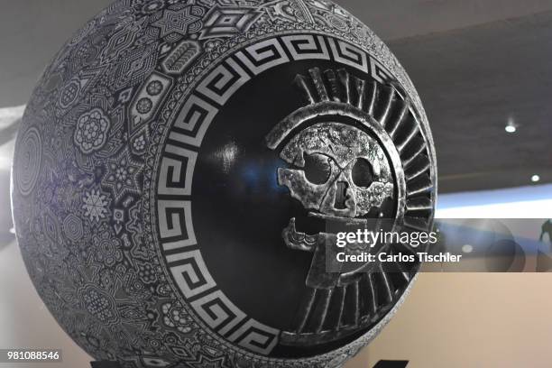 Football is displayed during the Huichol Art Biennial at Hotel Presidente Intercontinental on June 20, 2018 in Mexico City, Mexico. Artists capture...