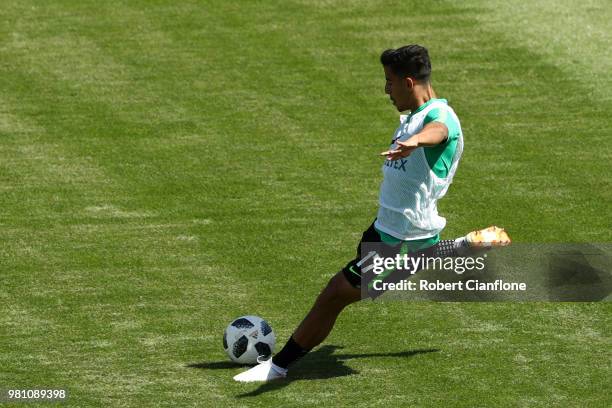 Daniel Arzani of Australia takes part during an Australian Socceroos training session at Stadium Trudovye Rezervy on June 22, 2018 in Kazan, Russia.