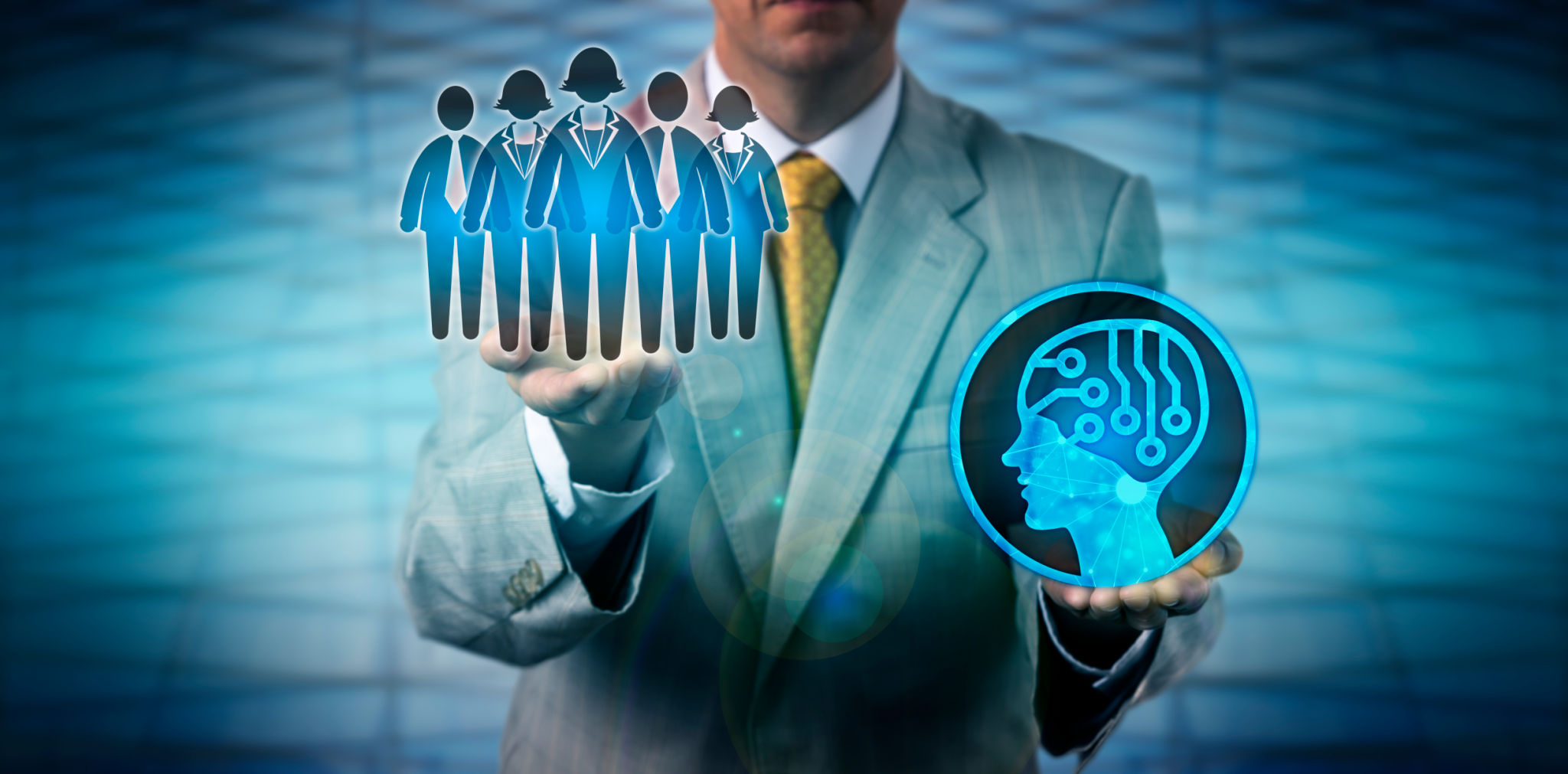 Recruiter Raising White Collar Team Above AI App Recruiter Raising White Collar Team Above AI App