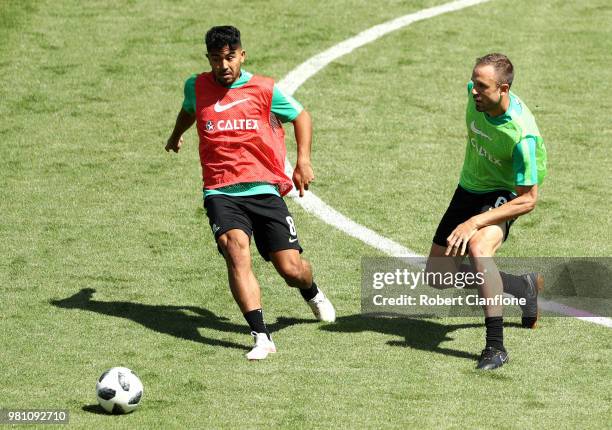 Massimo Luongo and Matthew Jurman of Australia during an Australian Socceroos training session at Stadium Trudovye Rezervy on June 22, 2018 in Kazan,...