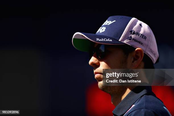 Sergio Perez of Mexico and Force India walks in the Paddock before practice for the Formula One Grand Prix of France at Circuit Paul Ricard on June...