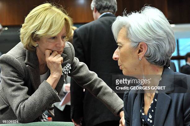 Spanish Finance Minister Elena Salgado and French Finance Minister Christine Lagarde take a break on March 16, 2010 during an Economy and Finance...