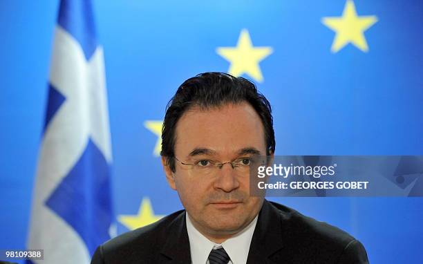 Greek Finance Minister Georgios Papaconstantinou gives a press conference on March 16, 2010 at the end of an Economy and Finance Council meeting at...