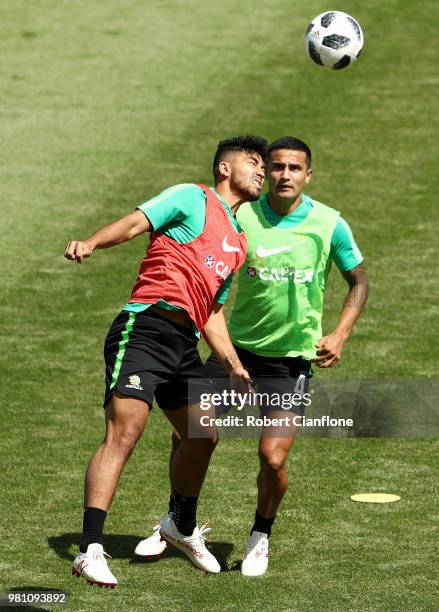 Massimo Luongo and Tim Cahill of Australia take part during an Australian Socceroos training session at Stadium Trudovye Rezervy on June 22, 2018 in...