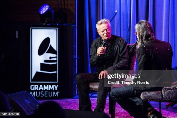 Tommy Emmanuel and Scott Goldman speak during An Evening with Tommy Emmanuel at The GRAMMY Museum on June 21, 2018 in Los Angeles, California.