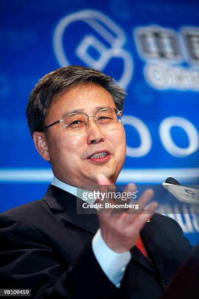 Guo Shuqing, chairman of China Construction Bank Corp., speaks at a news conference for the company's 2009 annual results announcement in Hong Kong,...