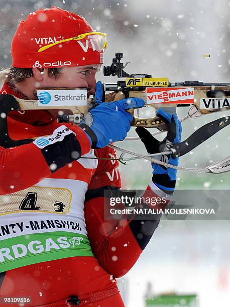 Norway's Emil Hegle Svendsen shoots to place second during the Mixed Relay at the IBU World Biathlon Championships in the Siberian city of...