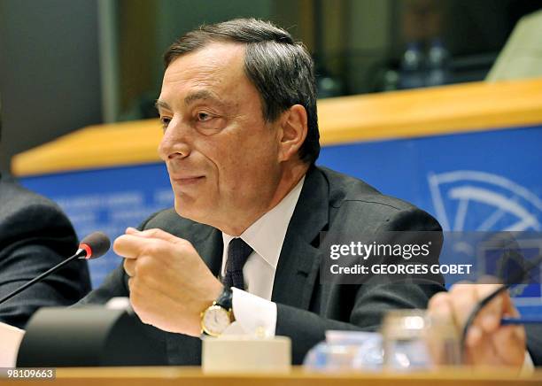 Chairman of the fiancial stabilty board Mario Draghi gestures during a high-level inter-parliamentary debate organised with national parliament...