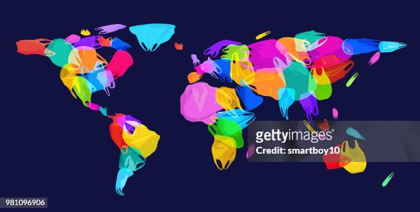 world map with plastic waste - plastic stock illustrations