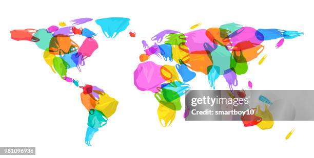 world map with plastic waste - plastic sheet stock illustrations