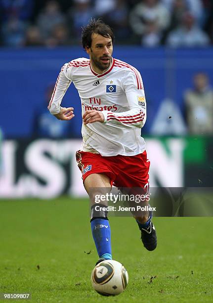 Ruud van Nistelrooy of Hamburg plays the ball during the Bundesliga match between Hamburger SV and FC Schalke 04 at HSH Nordbank Arena on March 21,...