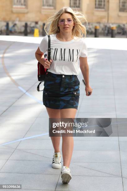 Mollie King seen arriving at BBC Radio One on June 22, 2018 in London, England.