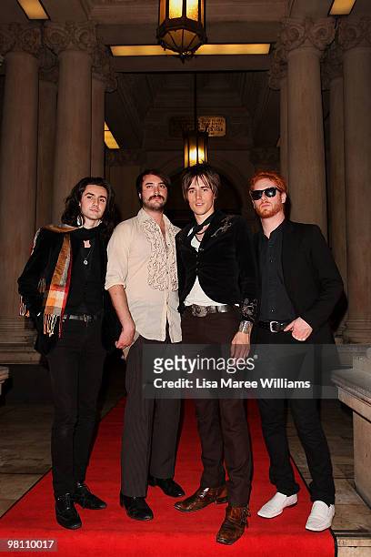 Members of US band Carney, Zane Carney, Jon Epcar, Reeve Carney and Aiden Moore arrive at the Australian Hair Fashion Awards at Sydney Town Hall on...