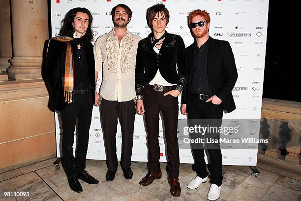 Members of US band Carney, Zane Carney, Jon Epcar, Reeve Carney and Aiden Moore arrive at the Australian Hair Fashion Awards at Sydney Town Hall on...