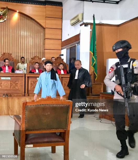 Photo taken June 22 shows Aman Abdurrahman, a key Islamic State figure in Indonesia, at the South Jakarta District Court. Aman was sentenced to death...