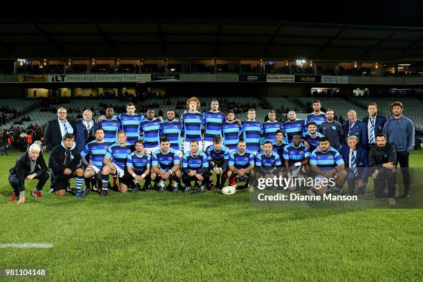 The French Barbarians pose for a team photo prior to the match between the Highlanders and the French Barbarians at Rugby Park Stadium on June 22,...