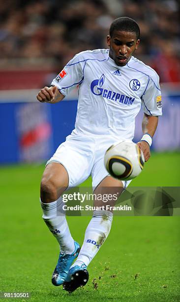 Jefferson Farfan of Schalke in action during the Bundesliga match between Bayer 04 Leverkusen and FC Schalke 04 at BayArena on March 27, 2010 in...