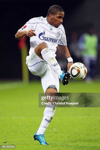 Jefferson Farfan of Schalke runs with the ball during the Bundesliga match between Bayer Leverkusen and FC Schalke 04 at the BayArena on March 27,...