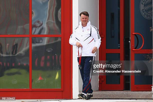 Louis van Gaal, head coach of Bayern Muenchen arrives for the Bayern Muenchen training session at Bayern's training ground 'Saebener Strasse' on...