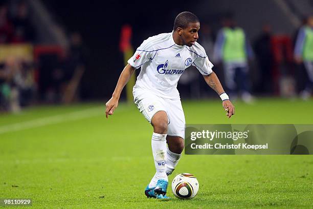 Jefferson Farfan of Schalke runs with the ball during the Bundesliga match between Bayer Leverkusen and FC Schalke 04 at the BayArena on March 27,...