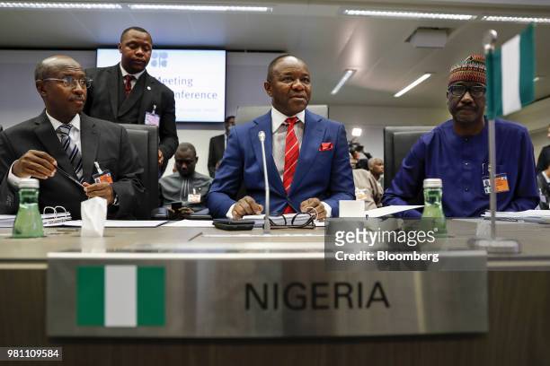 Emmanuel Kachikwu, Nigeria's petroleum and resources minister, center, speaks to reporters ahead of the 174th Organization Of Petroleum Exporting...