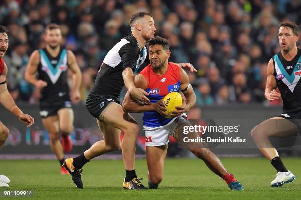 Neville Jetta of the Demons competes for the ball with Robbie Gray of the Power during the round 14 AFL match between the Port Adelaide Power and the...