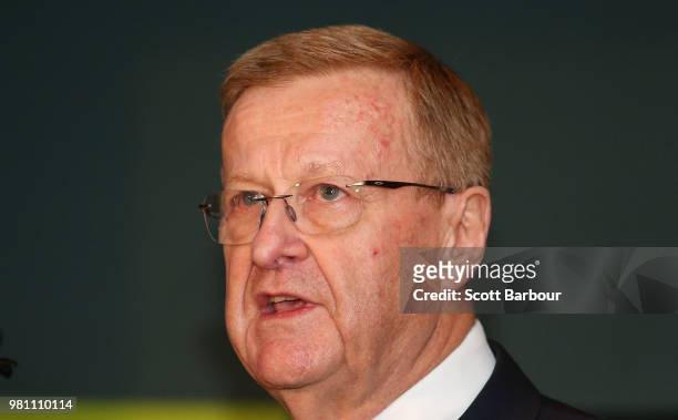 President John Coates talks on stage during a posthumous Order of Merit presentation to the family of Olympic silver medallist Peter Norman at the...