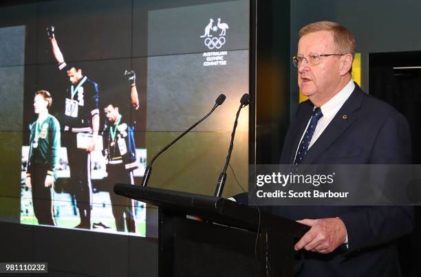 President John Coates talks on stage during a posthumous Order of Merit presentation to the family of Olympic silver medallist Peter Norman at the...