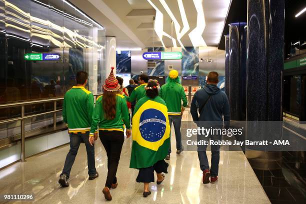 Fans of Brazil walk through Novokrestovskaya metro station, the nearest metro stop to the Saint Petersburg Stadium prior to the 2018 FIFA World Cup...