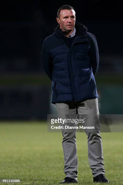 Aaron Mauger, head coach of the Highlanders, looks on ahead of the match between the Highlanders and the French Barbarians at Rugby Park Stadium on...