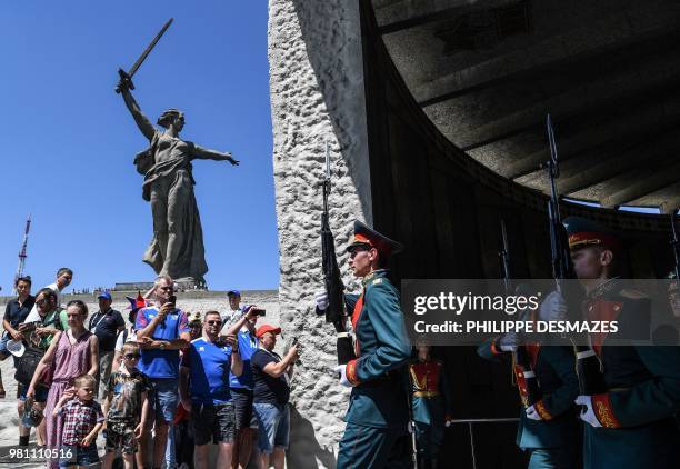 Supporters of Iceland's national football team visit the Mamayev Kurgan World War Two memorial complex in Volgograd on June 22 hours before the...