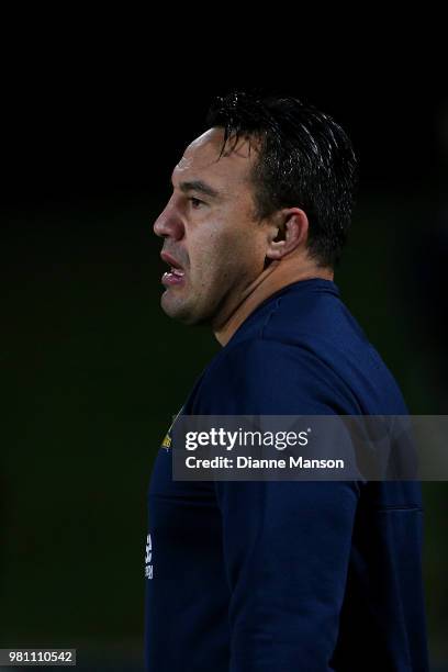 Ash Dixon of the Highlanders look on ahead of the match between the Highlanders and the French Barbarians at Rugby Park Stadium on June 22, 2018 in...