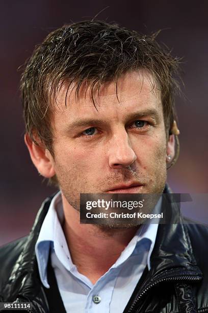 Bernd Schneider of Leverkusen is seen before the Bundesliga match between Bayer Leverkusen and FC Schalke 04 at the BayArena on March 27, 2010 in...