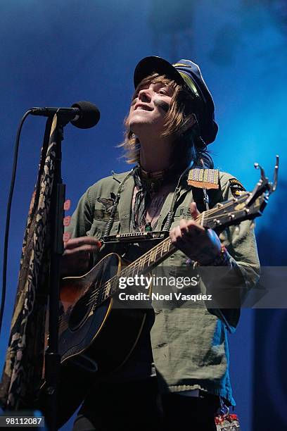 Christofer Ingle of Never Shout Never performs at the Bamboozle Festival - Day 2 at Angel Stadium on March 28, 2010 in Anaheim, California.