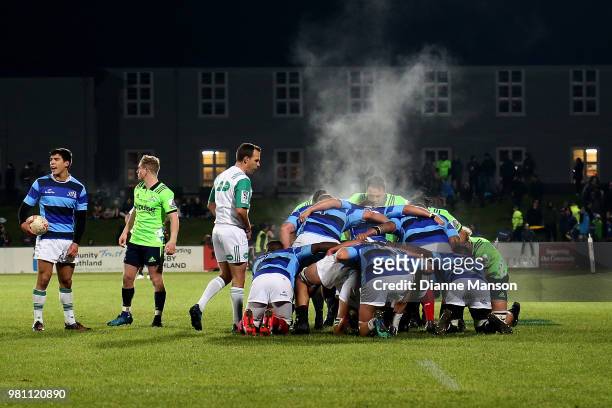 The French forwards pack down for a scrum during the match between the Highlanders and the French Barbarians at Rugby Park Stadium on June 22, 2018...