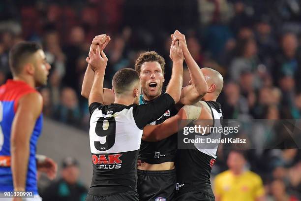 Brad Ebert of the Power celebrates after kicking a goal during the round 14 AFL match between the Port Adelaide Power and the Melbourne Demons at...