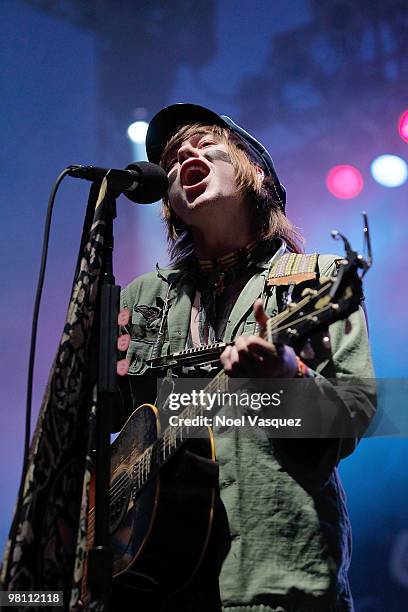 Christofer Ingle of Never Shout Never performs at the Bamboozle Festival - Day 2 at Angel Stadium on March 28, 2010 in Anaheim, California.