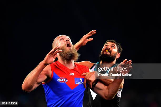 Max Gawn of the Demons and Patrick Ryder of the Power compete for the ball during the round 14 AFL match between the Port Adelaide Power and the...